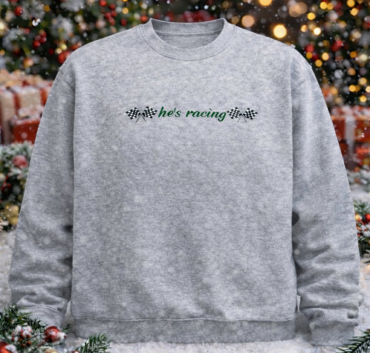 he's racing Crew Neck